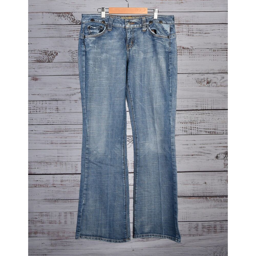 Hint Brand Distressed Stonewashed Flap Pockets Flare Jeans Size 10